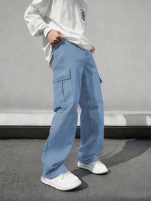 1pc Tween Boy Comfortable Versatile Loose Straight Leg Multi-Pocket Casual Pants, Spring/Summer/Autumn - Dusty Blue - View 3