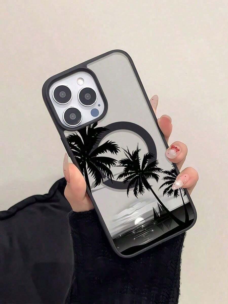 Funda para teléfono con puesta de sol, decorada con palmeras y veleros, adecuada para modelos 17, 16, 15, 14, 13, 12 y 11 Pro, y ofrece protección anti-golpes. Perfecta como regalo para familia, amigos, niños, cumpleaños, primavera, vacaciones, amigos, novias y el Día de San Valentín. - Negro - Ver 1