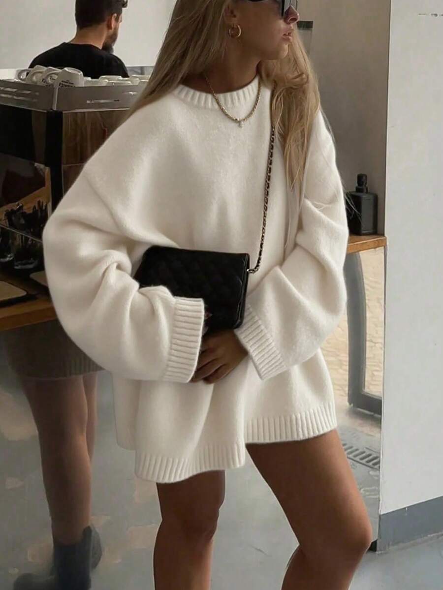 Plus Size Fall Winter New Elegant High-End Chic Women's Sweater,Long Sleeve Solid Color Round Neck Knitted Top,Dropped Shoulder Loose Cropped Casual Pullover, Autumn/Winter Clothes For Going Out Outfits,Night Out, Parties, Date Night, Country, Homecoming, Casual, Holiday Vacation Christmas Top - Teeth White - View 1