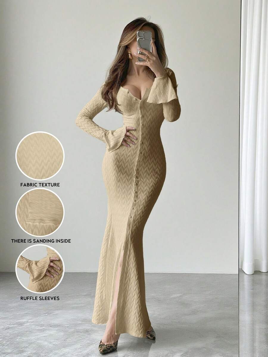 Váy maxi kẻ caro jacquard thời trang nữ, dáng ôm, xẻ tà phía trước, tay dài, thanh lịch cho mùa xuân, thu và đông