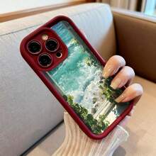 Cubierta de teléfono con borde negro y diseño de paisaje marino con plantas verdes para iPhone 14 Pro Max protección contra caídas estilo natural ideal para uso diario y viajes - Negro - Ver 6