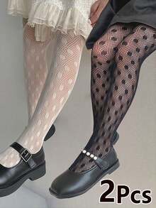 2pcs Girls' Hollow-Out Mesh Pantyhose, Thin Spring/Summer Style - Multicolor - View 10