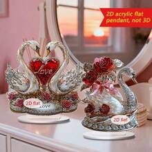 Enfeite de mesa em formato de rosa para o Dia dos Namorados (1 unidade), com design de cisne e rosa vermelha, ideal para decoração de mesa de escritório, presente para o Dia dos Namorados/Dia das Mães, feito de acrílico 2D. - Multicolorido - Ver 3