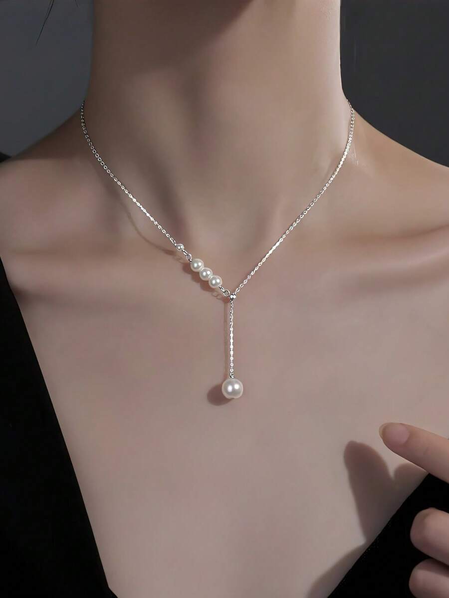 1件S925纯银圆珠流苏项链，可定制法式锁骨链，时尚奢华优雅百搭项链，女士礼物 - 流蘇 - 查看 1