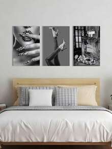 3幅现代女性风格帆布海报，奢华闪亮墙面艺术，黑白家居装饰，客厅、卧室、办公室、走廊、餐厅、酒店墙面装饰的理想礼物，房间装饰，现代风格帆布画，房间艺术，印刷图片，无框 - 灰色 - 查看 12