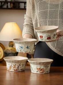 1pc Vintage Style Elegant Star & Moon Rabbit Leaf - 5.5 Inch Ceramic Bowl, Suitable For Salad, Oatmeal, Yogurt, Personal Breakfast - Multicolor - View 12