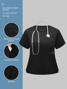 cimmuovere 大码女式圆领短袖开叉下摆短款纯色口袋手术服护士服工作服牙医保健宠物医院实验室制服上衣 - 黑色 - 查看 4
