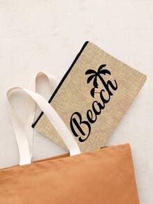 大容量亚麻手提袋，饰有“沙滩”棕榈树字母图案，便携大容量购物袋，亚麻手柄手提袋，多功能收纳袋，个性化礼品袋，手提袋，大容量购物袋，旅行包，适合旅行、购物、度假、返校、聚会，是生日、教师节、周年纪念日、节日礼物、派对活动礼物的理想之选。 - 彩色 - 查看 6