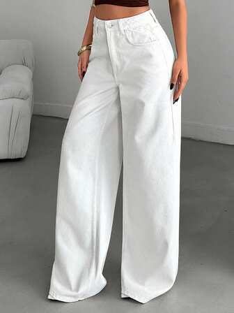 Vintage High Waisted Straight Leg Jeans, Loose Wide Leg Denim Pants, Versatile, Floor-Length, Spring Summer Casual Clothing Cotton Trousers,Office Wear Women,Going Out Outfits,Work Wear Women,White Trousers