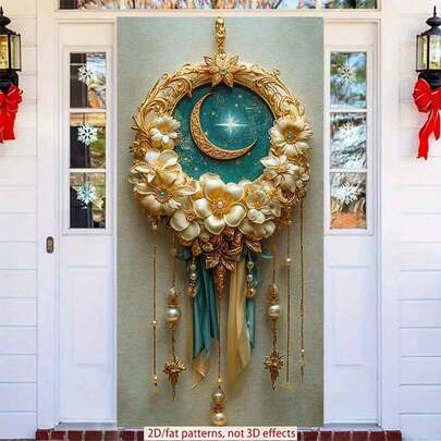 2D Polyester Ramadan Door Banner 1pc Exquisite Wall - Hanging Decor With Golden Crescent Moon, Starry Sky, And Delicate Flowers Eid Al-Fitr Photo Props And Supplies, Suitable For Muslim Ramadan And Eid Al-Adha Celebrations, Islamic-Themed Holiday Decorations