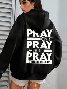 Women's PRAY Print Hoodie With Prayer Back Print & Kangaroo Pocket - Oversized Faith Sweatshirt, Long Sleeve Casual Pullover For Church Events, Spring/Autumn Wear (Grey, Inspirational Verse Design)Christmas Outfit Women,Athleisure Fleece Hoodie - Loose Fit Daily Casual Sweatshirt - màu đen - Xem 1