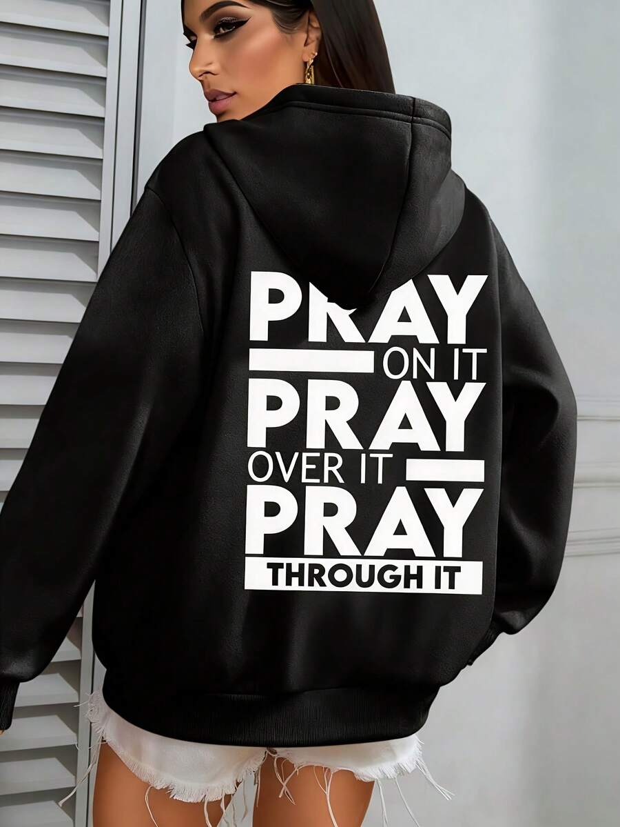Women's PRAY Print Hoodie With Prayer Back Print & Kangaroo Pocket - Oversized Faith Sweatshirt, Long Sleeve Casual Pullover For Church Events, Spring/Autumn Wear (Grey, Inspirational Verse Design)Christmas Outfit Women,Athleisure Fleece Hoodie - Loose Fit Daily Casual Sweatshirt - màu đen - Xem 1