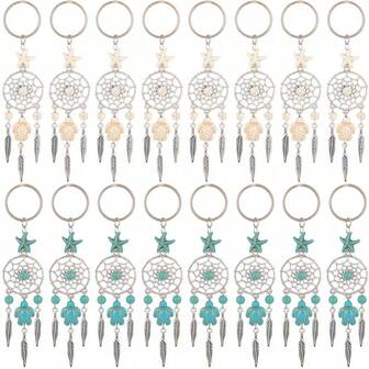 1set 16pcs 2 Colors Woven Net/ Web With Feather Keychain With Sea Turtle Split Key Rings Mixed Color 5.0inch 8pcs/ Color,Perfect For Keys, Bags, And Accessories, Keychain Charms, Keychain Making Supplie Natural Stone, Keychain Making