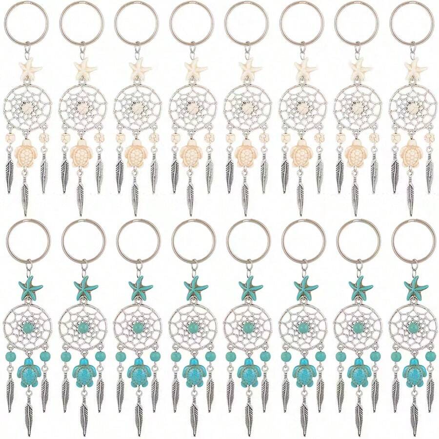 一套16件，2色编织网/羽毛钥匙扣，配海龟造型分体钥匙圈，混色，5.0英寸，每种颜色8件，非常适合钥匙、包包和配饰，钥匙扣挂件，钥匙扣制作材料，天然石材，钥匙扣制作 - 16pcs new - 查看 1