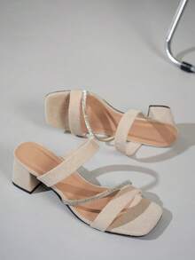 Women's Retro French Criss-Cross Open Toe High Heel Sandals, Summer Outdoor Wear With Dresses, Gorgeous Thick Heel Roman Slide Sandals - Beige - View 5