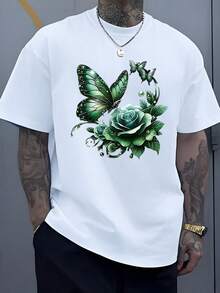 A Green Butterfly Symbolizing Freedom And Transformation Surrounds An Emerald Rose Representing Hope And Calm, Joined By Drops Evoking Purity And Natural Energy. Men's T-Shirt, 100% Cotton, Comfortable And High Quality. - 白色 - 查看 8