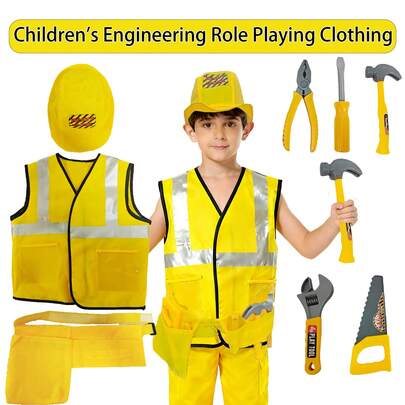 A Set Of 8-Piece Children's Engineering Role-Playing Costumes In Yellow, Suitable For Boys And Girls Over 3 Years Old, Including Vests/Hats/Belts/Saws/Wrenches/Screwdrivers/Hammers/Pliers, Home Engineering Games/Role-Playing Props/Stage Performance Props/Professional Experience Props/Halloween Parade Props, The Best Boy Surprise Gifts/Birthday Gifts/Christmas Gifts/Halloween Gifts/Halloween Cost Kids/Kids Toys/Toys For Boys/Toys For Girls