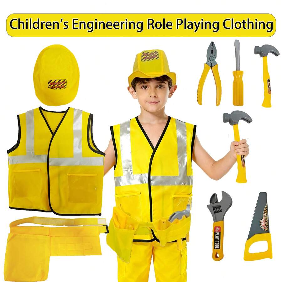 一套8件装儿童工程角色扮演服装，黄色，适合3岁以上男孩女孩，包括背心、帽子、腰带、锯子、扳手、螺丝刀、锤子和钳子，可用于家庭工程游戏、角色扮演道具、舞台表演道具、专业体验道具和万圣节游行道具。是送给男孩的最佳惊喜礼物、生日礼物、圣诞礼物、万圣节礼物，也是万圣节儿童玩具、男孩玩具和女孩玩具的理想选择。