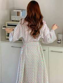 1pc Women's Robe - Minimalist European Style Long Sleeve Sleepwear, Cute Heart Pattern, Lightweight Fabric, Solid Color, Suitable For Spring, Autumn And Summer Home, Bedroom Casual Pajamas - Grid Little Heart - View 12