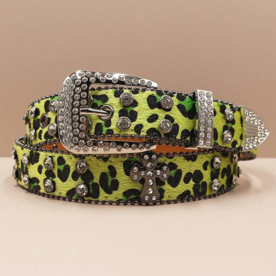 EVERBLTING Rhinestone Cross Belt Men Women Cross Leopard Belt Punk Studded Cross Belts Western Cowgirl BB Belts Y2k - 綠色 - 查看 1