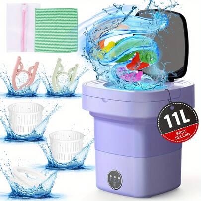 Portable Washing Machine, 2.91gal Foldable Mini Washing Machine With Dryer For Baby Clothes, Small Washing Machine With Laundry Basket For Underwear, Baby Clothes, Socks, Pet Clothes, Small Items, Purple And Green