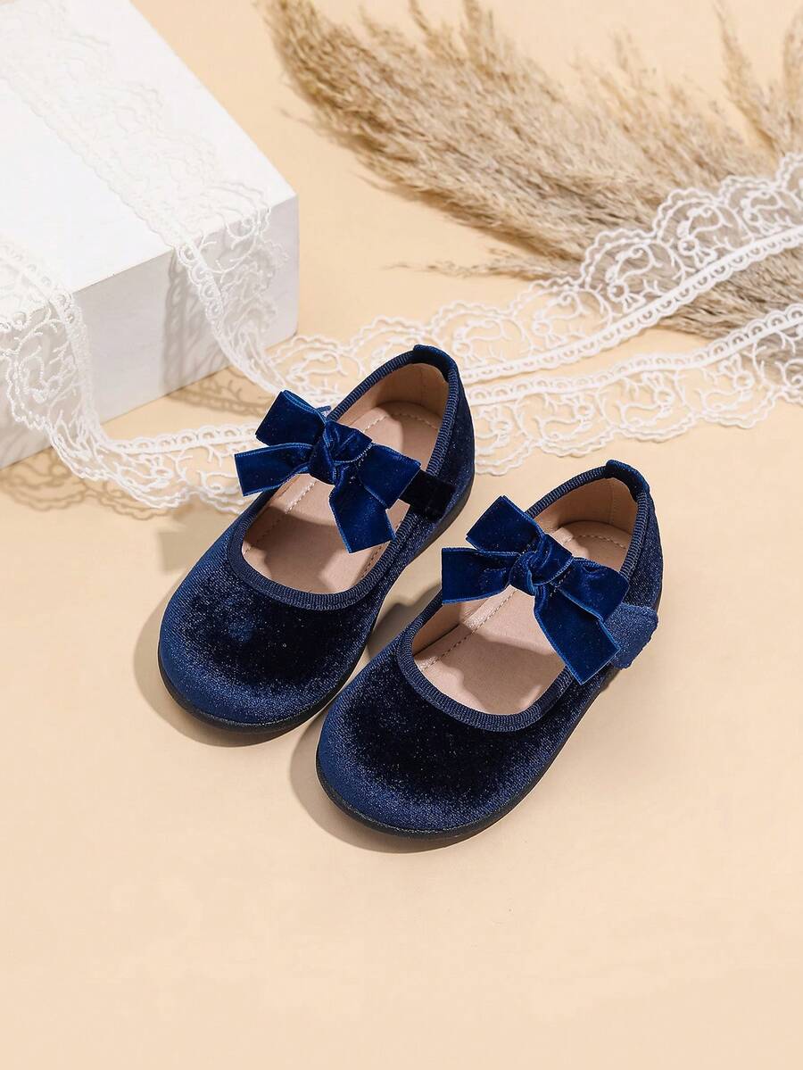 Velvet Bow Decor Everyday Baby Girl Shoes, Suitable For Autumn/Winter - Blue - View 1