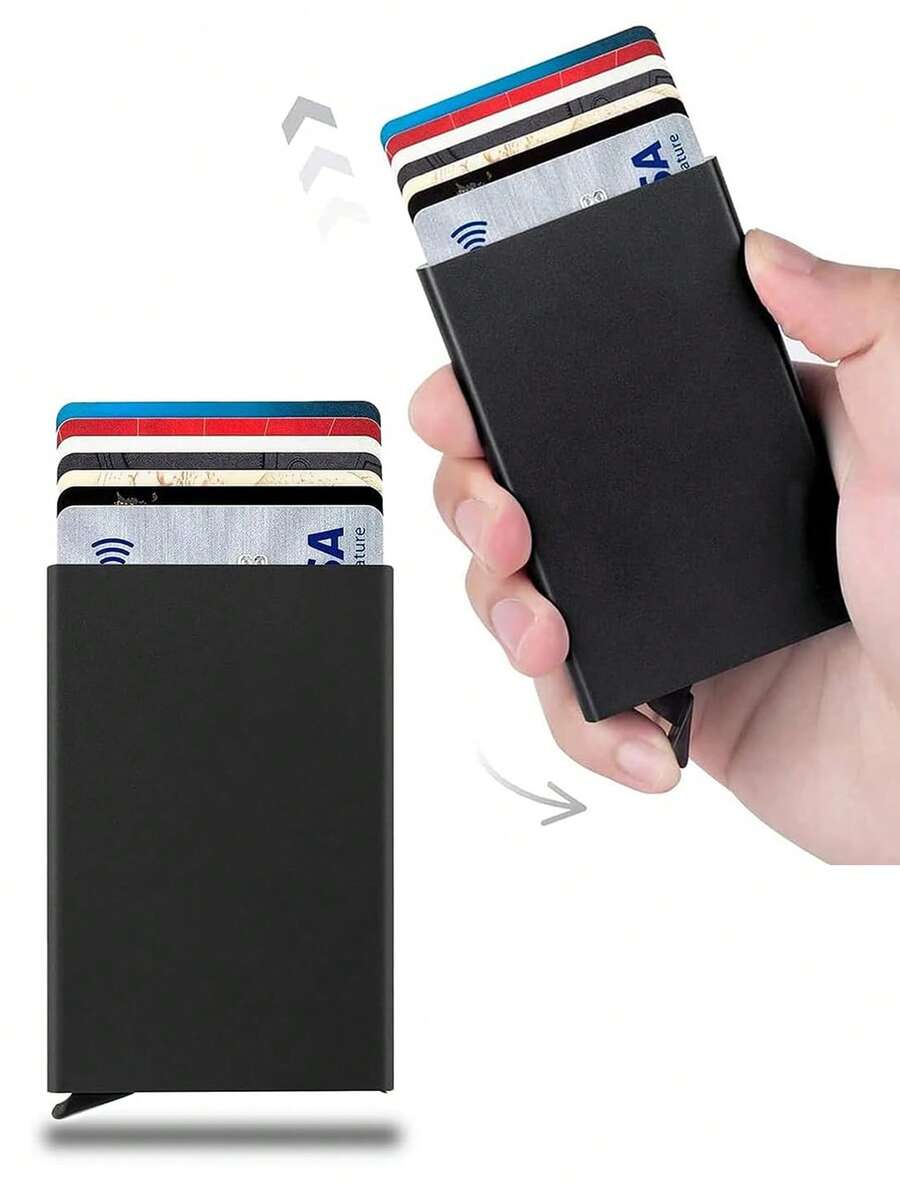 Unisex Black Ultra-Thin RFID Blocking Anti-Theft Card Cover Wallet Protector - With Pop-Up Card Holder, Anti-Theft Protection - Suitable For ID Cards, Business Cards, Bank Cards, Debit Cards - The Ideal Gift For Men For New Year's, Anniversaries, And Valentine's Day! - Black - View 1