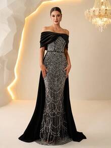 Women's Luxury Evening Dress, Elegant Off Shoulder Velvet Gown With Beaded Embellishment, Trailing Hem, Suitable For Formal Parties And Galas, Autumn/Winter - màu đen - Xem 1