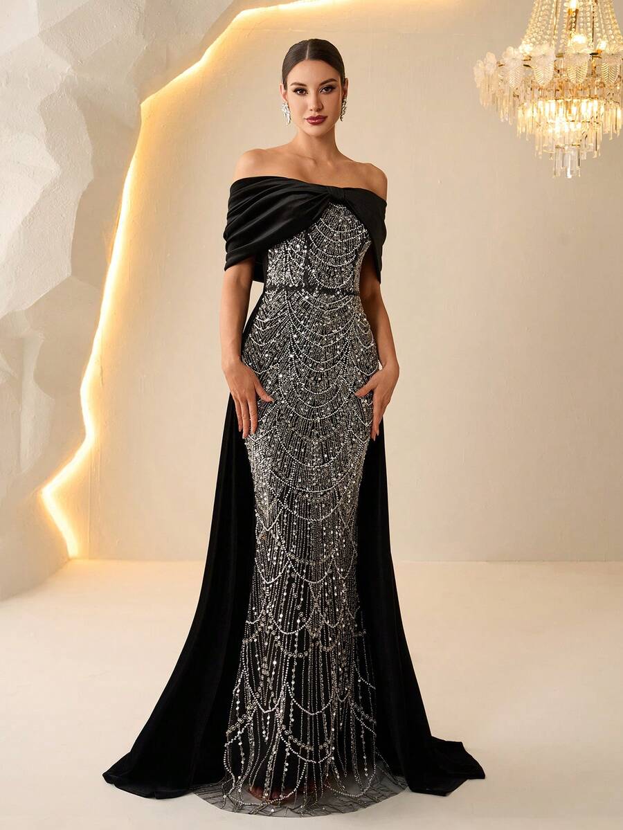 Women's Luxury Evening Dress, Elegant Off Shoulder Velvet Gown With Beaded Embellishment, Trailing Hem, Suitable For Formal Parties And Galas, Autumn/Winter - màu đen - Xem 1
