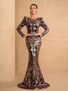 YISIKADO Women Sequin Pattern Modest Formal Evening Dress Round Neck Bubble Sleeves Fishtail Prom Party Dress For Wedding Guest Birthday Banquet Graduation Dinner Ball Ceremony Host Celebration Ceremonial Dress - 彩色 - 查看 1