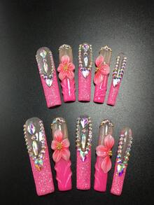 Each Set Includes 10 Pieces Of Handcrafted Y2K Coffin-Shaped Acrylic Nails In A French Design, Adorned With Rhinestones, Flower Petals, And Striped Patterns. Available In Multiple Tones And Nude Shades, With 3 Sizes To Fit. Perfect For Parties, Galas, And Daily Wear, And Comes With A Nail Tool Kit. An Ideal Gift For Women And Girls-Press-On Nails (Worn Nails).
