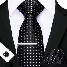 4pcs Men's Business Tie Dark Grey Black Plaid Checks Geometric Floral Jacquard Ties Formal Fashion Necktie Hanky Square Clip Set Wedding Party Gift - Multicolor - View 22