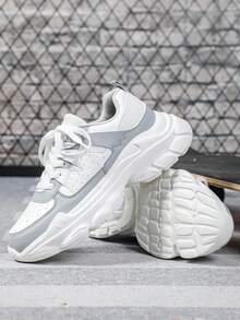2026 New Bicolor White & Gray Leather Low-Top Lace-Up Men's Sports Shoes, Outdoor Hiking Fitness Shoes, Minimalist Design, EVA Thickened Sole, Shock Absorption & Height Increase, Unisex Couple Shoes, Comfortable Daily Commute & Walking Shoes, Thick-Soled Sports Shoes, Suitable As New Year And Christmas Gifts - white ash - View 4