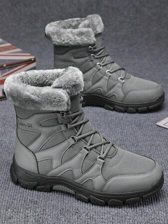 Men's Snow Boots, New Winter High-Top Thick Fur Lining Warm Boots, Thick Sole Anti-Slip Leather Boots, Outdoor Hiking Shoes With Rotating Button Design, Classic Mid-Calf Fur Collar Boots, Anti-Slip Thick Sole, Super Cold-Resistant, Ice And Snow World Companion Winter Snow Boots For Men