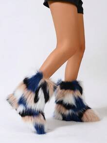 New Plush Ankle Boots, Warm Faux Thermal Lined Mid-Calf Boots, Fashionable & Cute Snow Boots For Winter - White and Blue Blocks - View 3