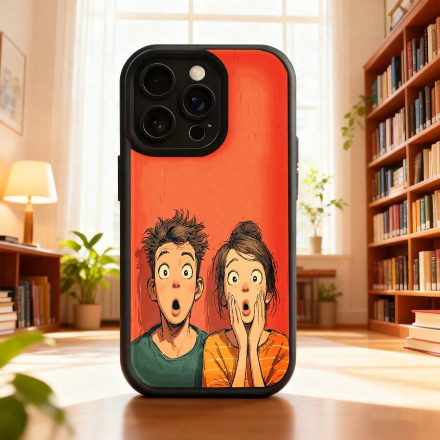 Cubierta de telefono con diseño de dibujos animados pareja sorprendida color rojo para uso diario en casa y oficinaAplicable a teléfonos Apple y Galaxy. - Burdeos - Ver 1