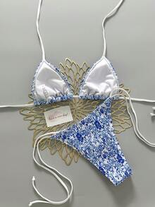 Conjunto de bikini sexy para mujer, con tirantes finos, diseño de ribete con contraste de estampado, confección fruncida, adecuado para vacaciones de primavera y verano en la playa - Azul y blanco - Ver 3