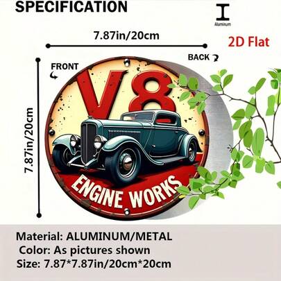 [2D Flat] Vintage Blue Car Round Aluminum Sign - Retro Wall Art For Home, Garage, Cafe, Or Dining Room Decor