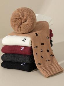 5双装女士加厚船袜，保暖隔热内衬，带数字图案，冬季舒适袜 - 彩色 - 查看 2