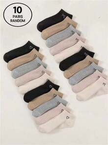 1双/10双随机纯色爱心蝴蝶结袜子，适合秋冬季节，简约百搭，透气防滑，柔软舒适，适合健身、校园穿着，便携时尚，男女皆宜，也适合校园派对、日常居家休闲穿着，柔软舒适，男女必备，情侣条纹短袜 - 彩色 - 查看 8