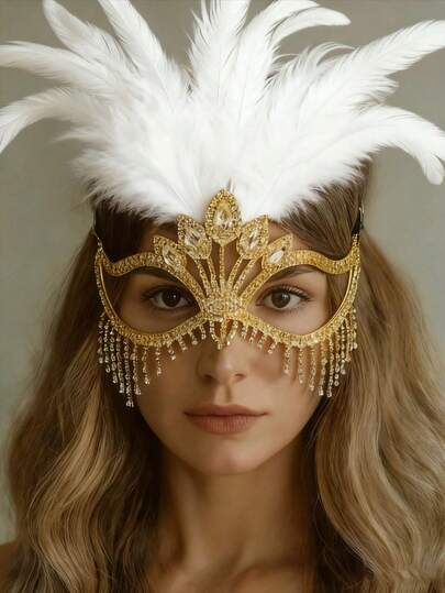 Silver Feather Rhinestone Tassel Mask, Luxury Crystal Facial Decor, Masquerade Party Mask For Women