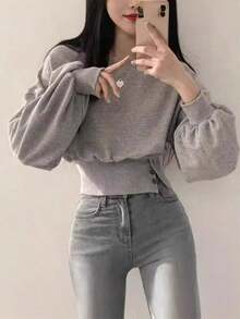 Sudadera de cuello redondo de manga larga para mujer, sudadera de cintura ceñida, botones delanteros, diseño de cintura adelgazante, tiene un efecto adelgazante, apta para la calle y el exterior. - Gris - Ver 5