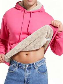 1pc Men's Sherpa Lined Hoodie Pullover, Thick & Warm For Winter, With Kangaroo Pocket - Pink - View 3