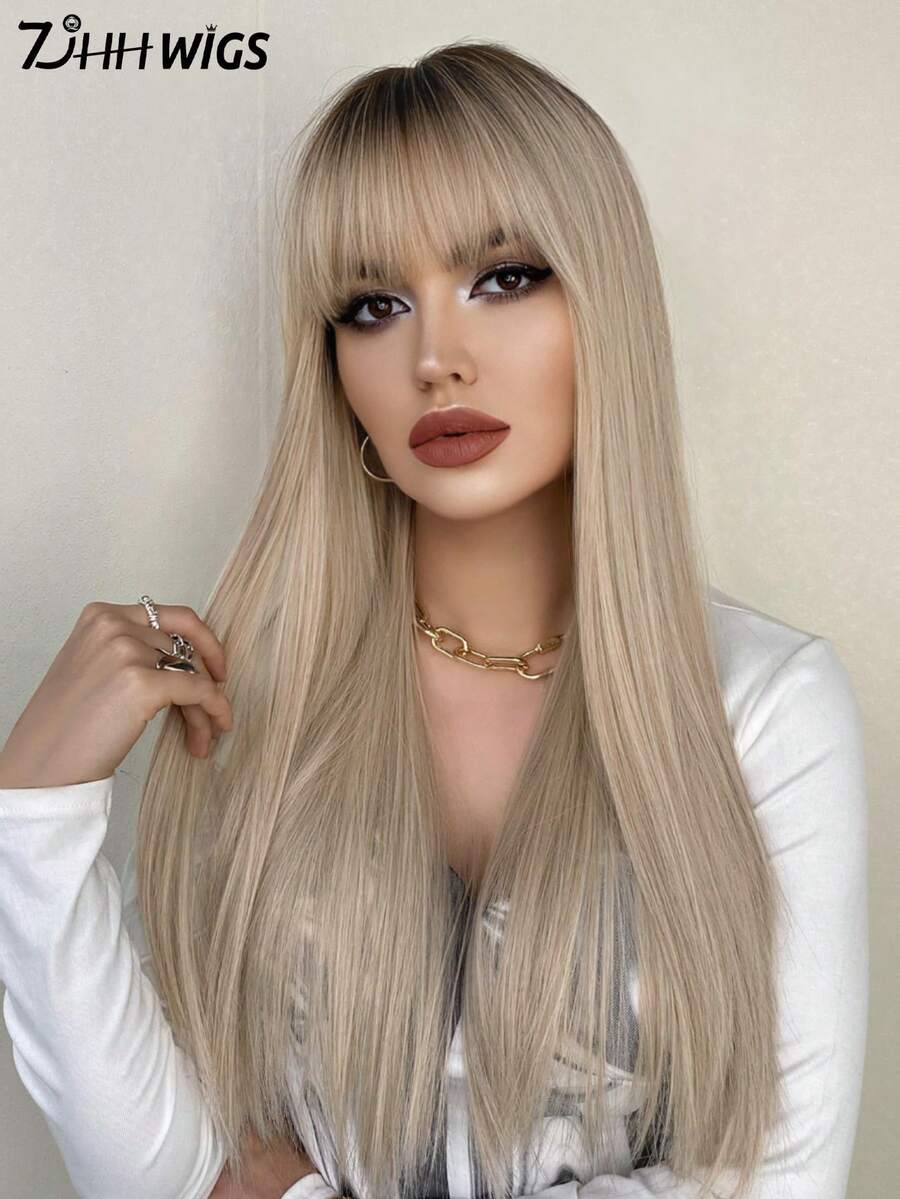 7JHH WIGS 24 英寸香槟金色长直发假发，适合女士，华丽蓬松的刘海合成假发，自然外观，非常柔软的合成耐热纤维假发配件，全机器制作的漂亮假发，适合女孩音乐节派对街头装扮、角色扮演动漫或服装使用