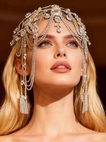 新娘高端头饰发饰；跨境新品，异域风情，网状多层水晶发链，闪亮花朵头链批发 - 銀色 - 查看 9