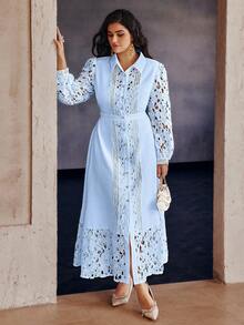 Simplee Plus Size Women's Elegant Lace Patchwork Front Button Long Dress, Suitable For Party And Vacation Wear, Spring/Summer - Blue - View 4