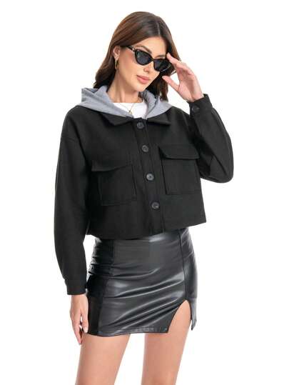 Elegant Colorblock Design | Button-Front Pocket Hooded Suede Jacket | Lightweight Casual Outerwear | Slimming & Versatile Fashion Essential