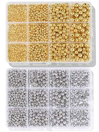 3/4/6/8mm Golden Silvery Smooth Round Beads Kit, CCB Round Spacer Beads For Jewelry Making, DIY Bracelet Necklace Jewelry Making Supplies, Jewelry Making Kit