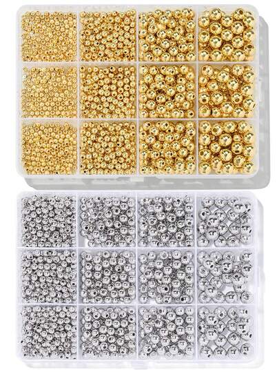 Kit de cuentas redondas lisas de 3/4/6/8 mm en color dorado plateado, cuentas espaciadoras redondas de CCB para hacer joyas, suministros para hacer pulseras, collares y kits de joyería DIY
