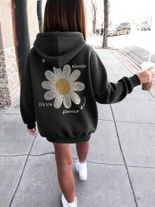 1件少女休闲印花套头卫衣，保暖内衬，长袖，秋冬季学生服装